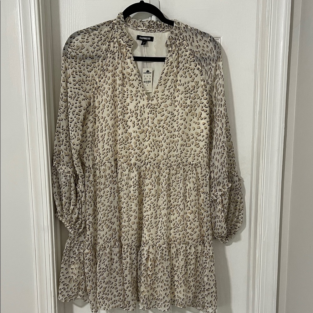 NWT size small Express Cream and Taupe Leopard Print Tiered Long Sleeve Dress